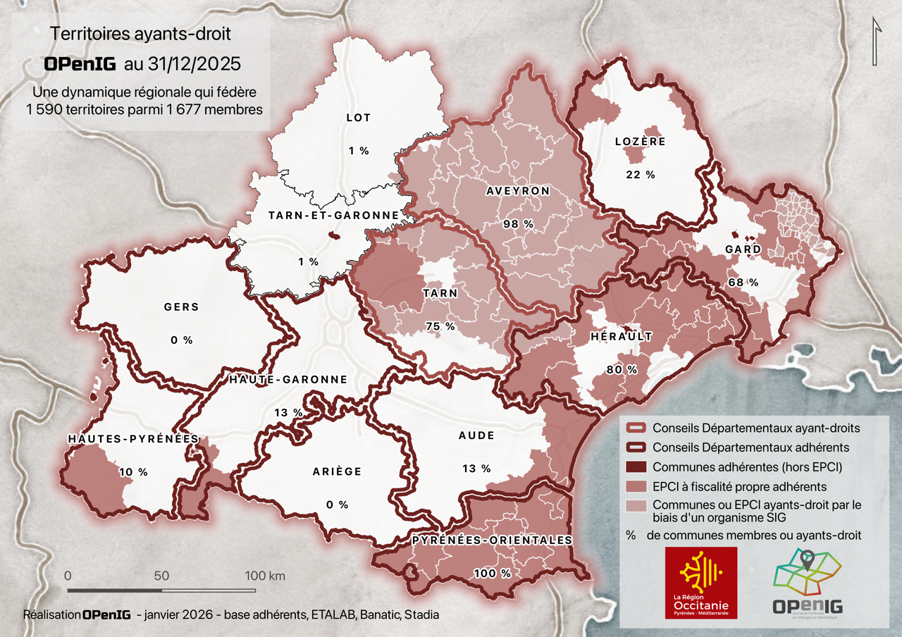 Carte des territoires adhérents d'OPenIG fin décembre 2025